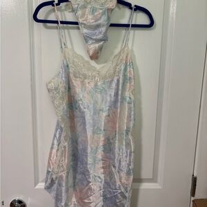 Pastel Floral Satin Lace Slip chemise or nightgown  with Matching Thong
